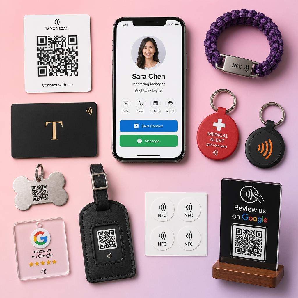Taproo product range — smartphone profile page, QR code card, NFC business card, pet ID tag, woven NFC bracelet, medical ID keychain, NFC keyring, NFC luggage tag, NFC stickers, plastic review NFC tag and restaurant table talker